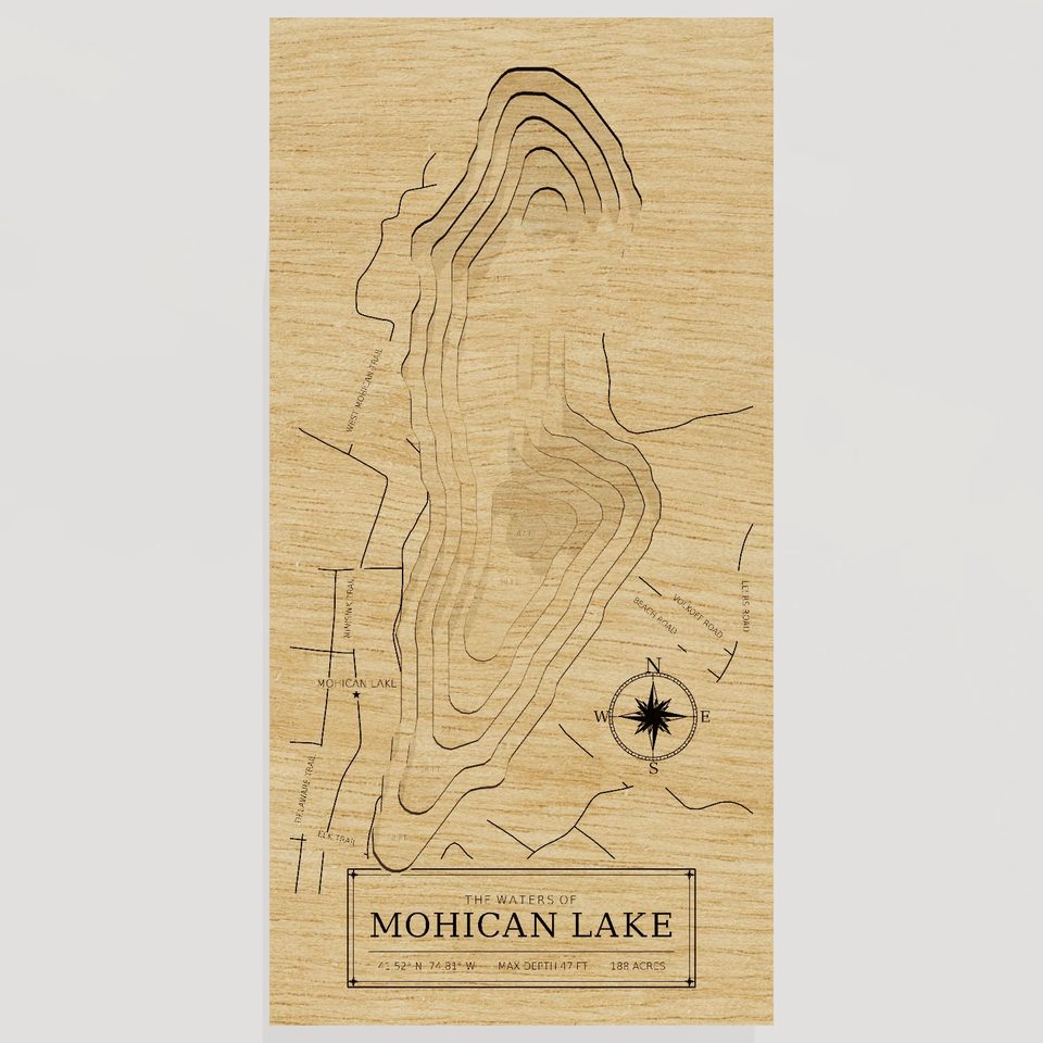 Mohican Lake 3D wood map, front view