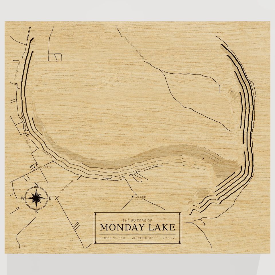 Monday Lake 3D wood map, front view