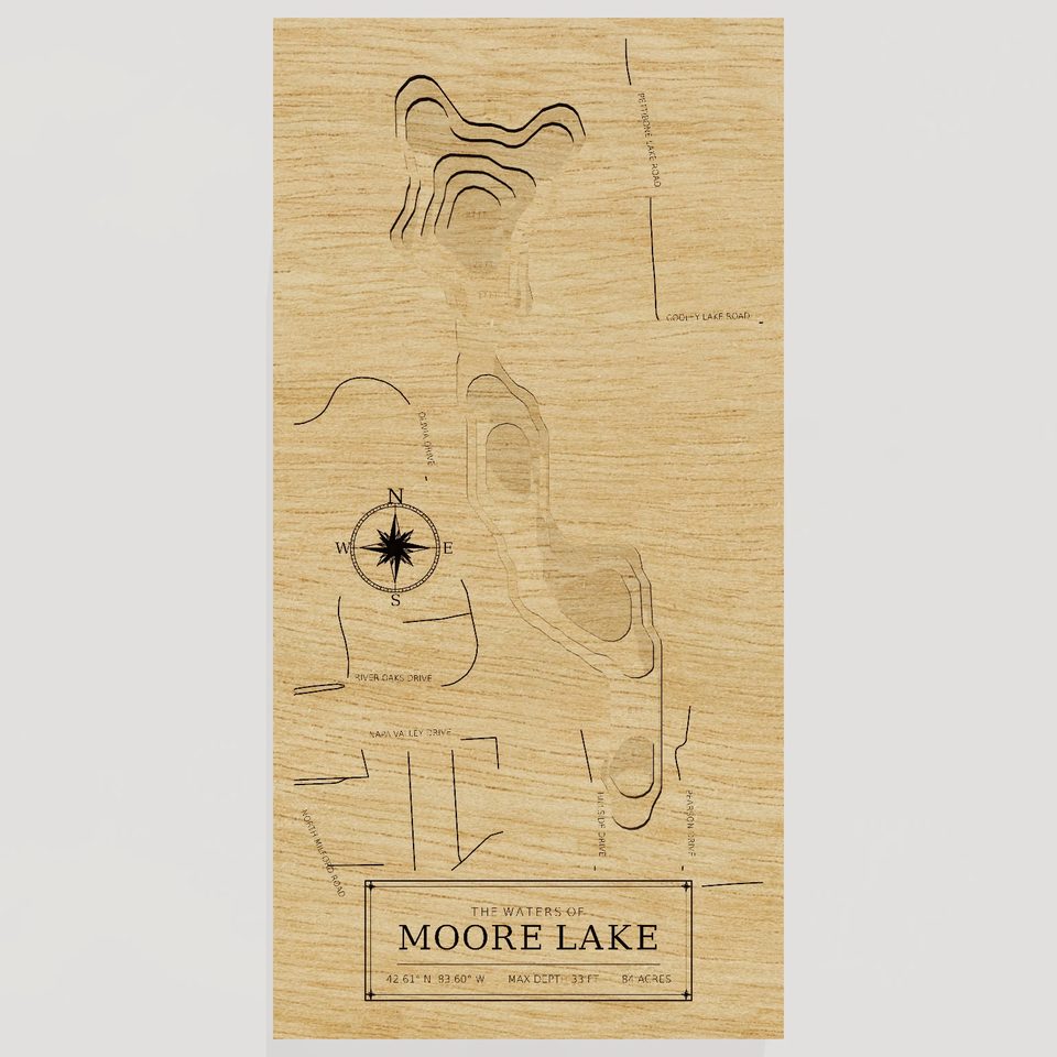 Moore Lake 3D wood map, front view