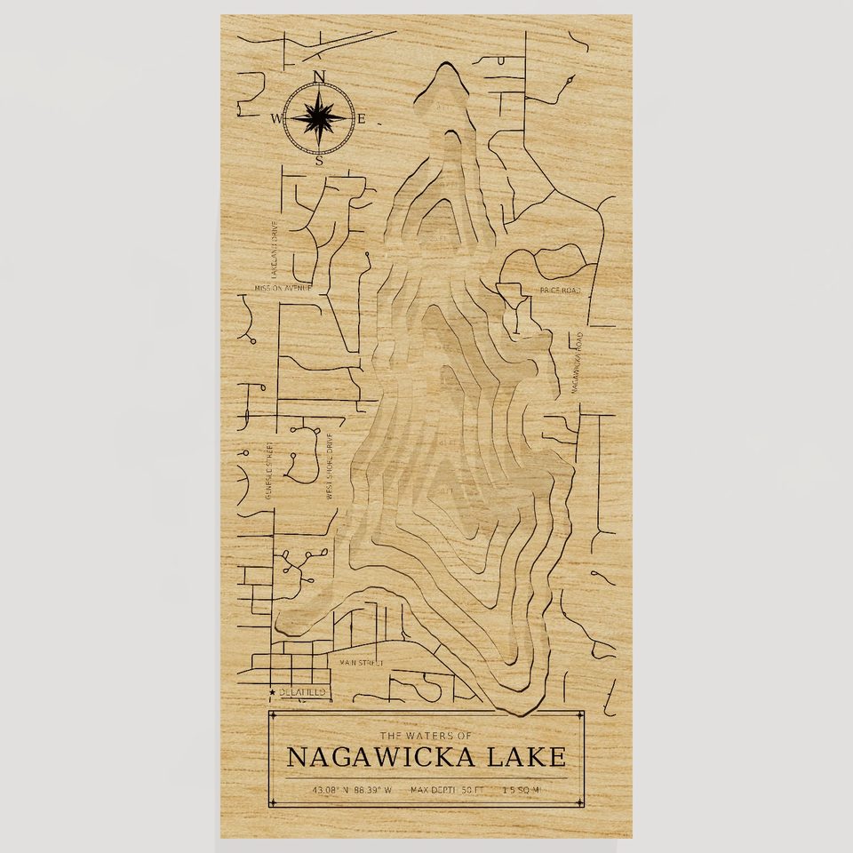 Nagawicka Lake 3D wood map, front view