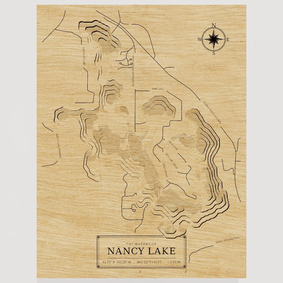 Nancy Lake 3D wood map, front view
