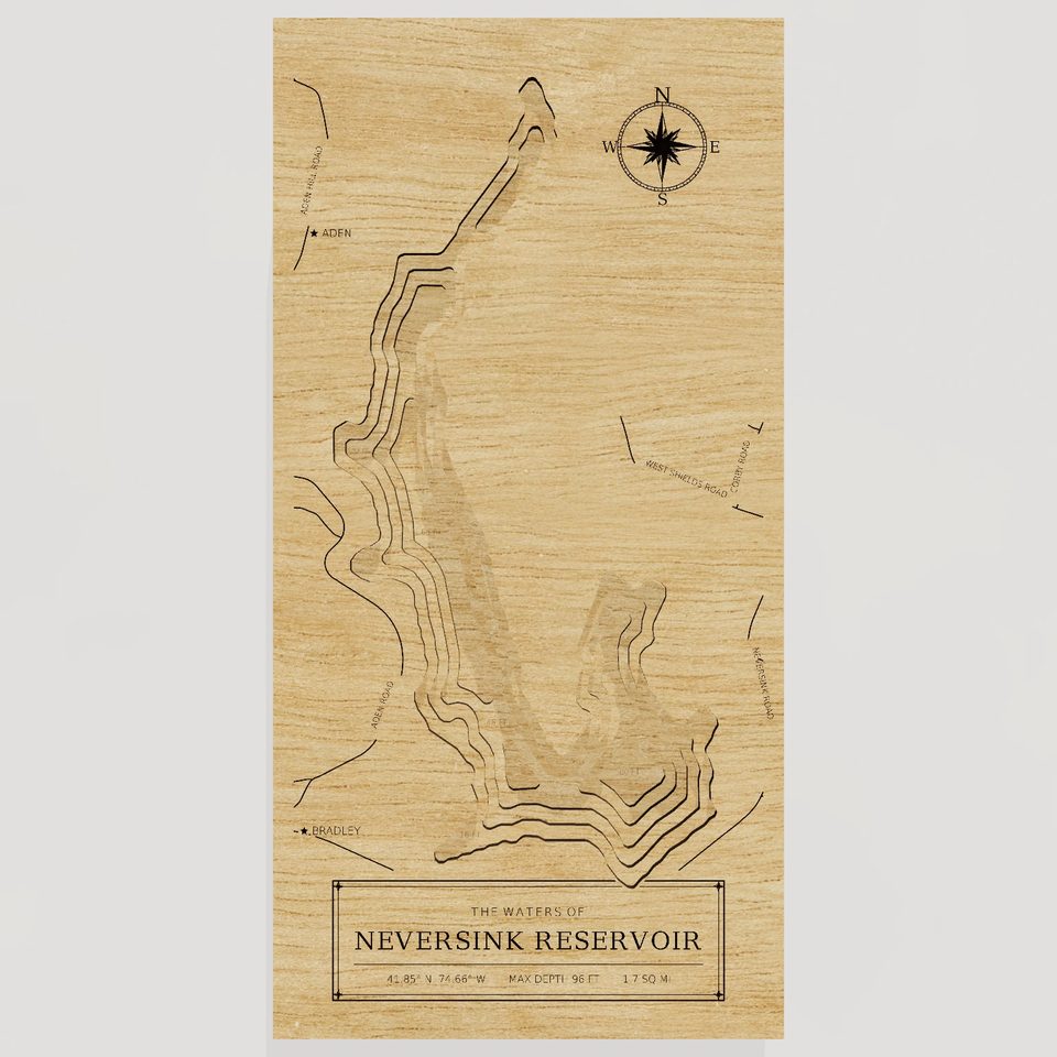 Neversink Reservoir 3D wood map, front view