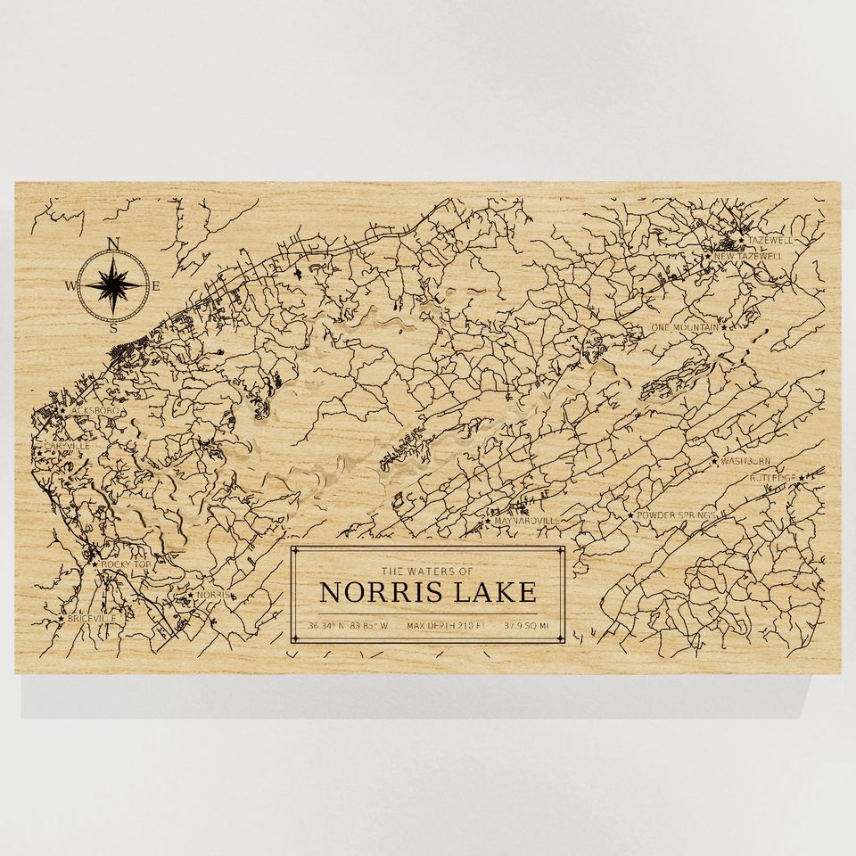 Norris Lake 3D wood map, front view