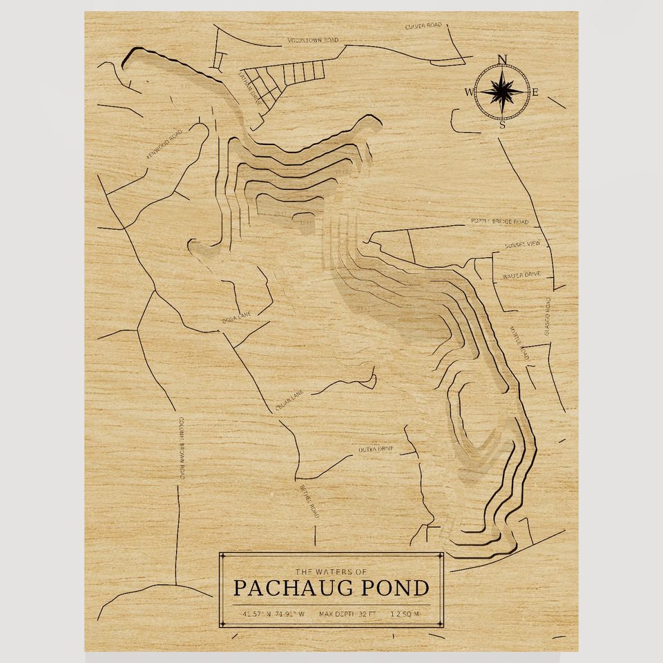 Pachaug Pond 3D wood map, front view