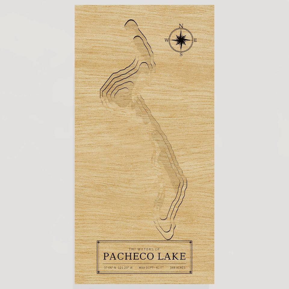 Pacheco Lake 3D wood map, front view
