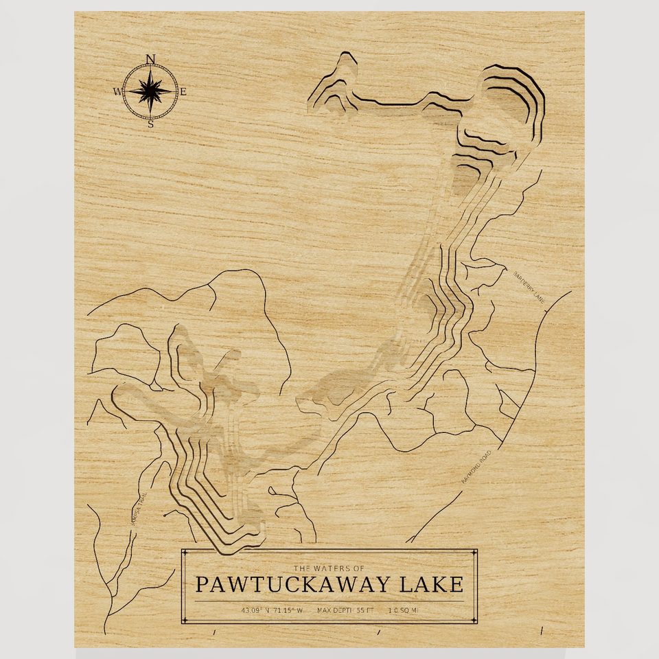 Pawtuckaway Lake 3D wood map, front view
