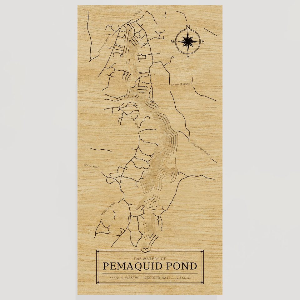Pemaquid Pond 3D wood map, front view