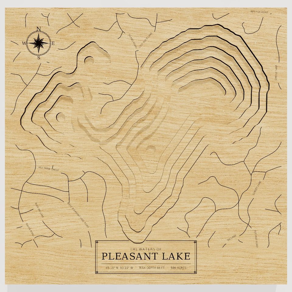 Pleasant Lake 3D wood map, front view