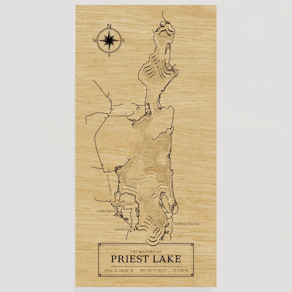 Priest Lake 3D wood map, front view