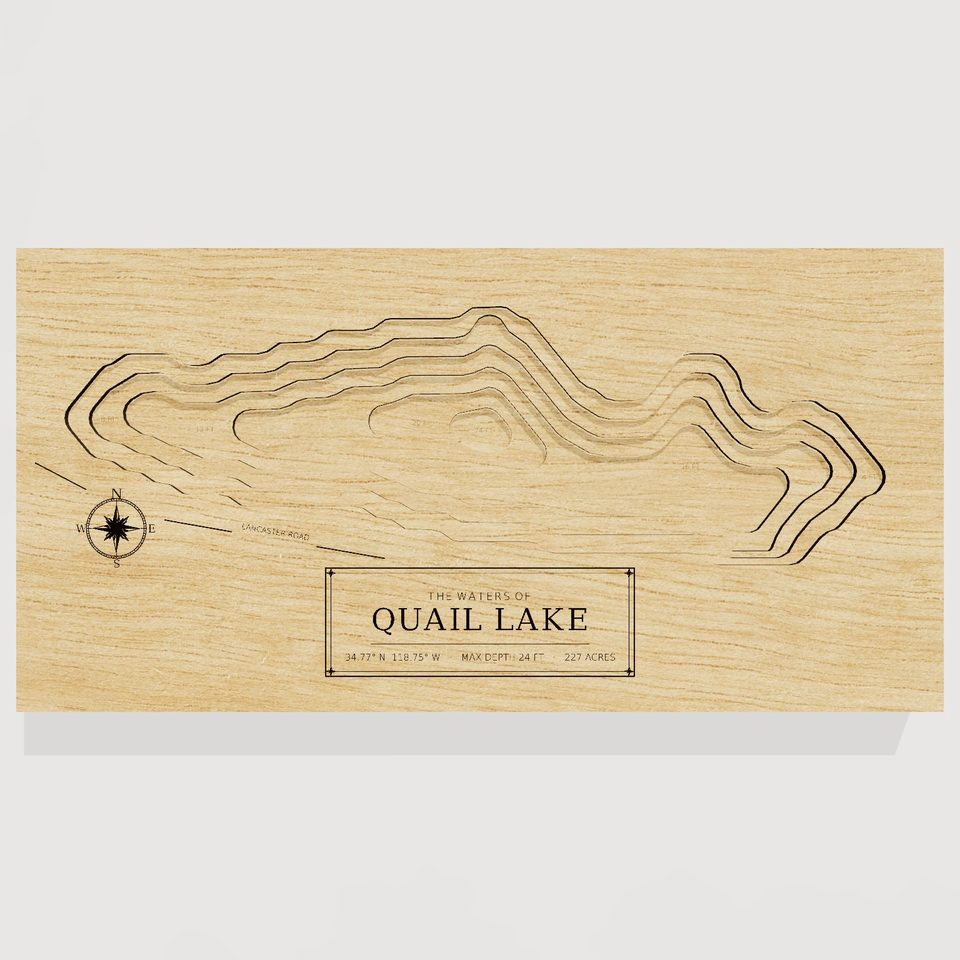Quail Lake 3D wood map, front view