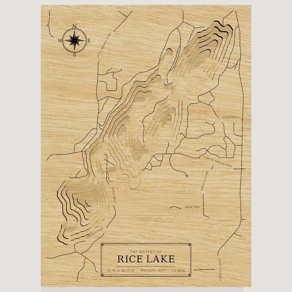 Rice Lake 3D wood map, front view