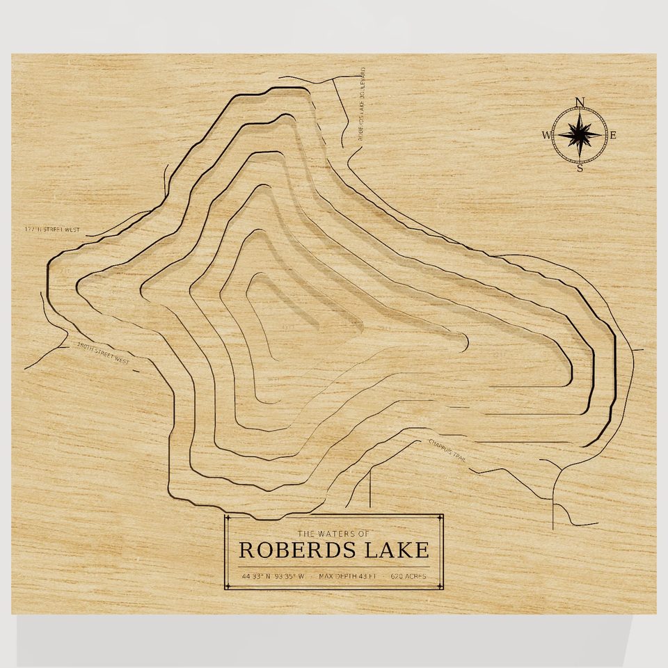 Roberds Lake 3D wood map, front view