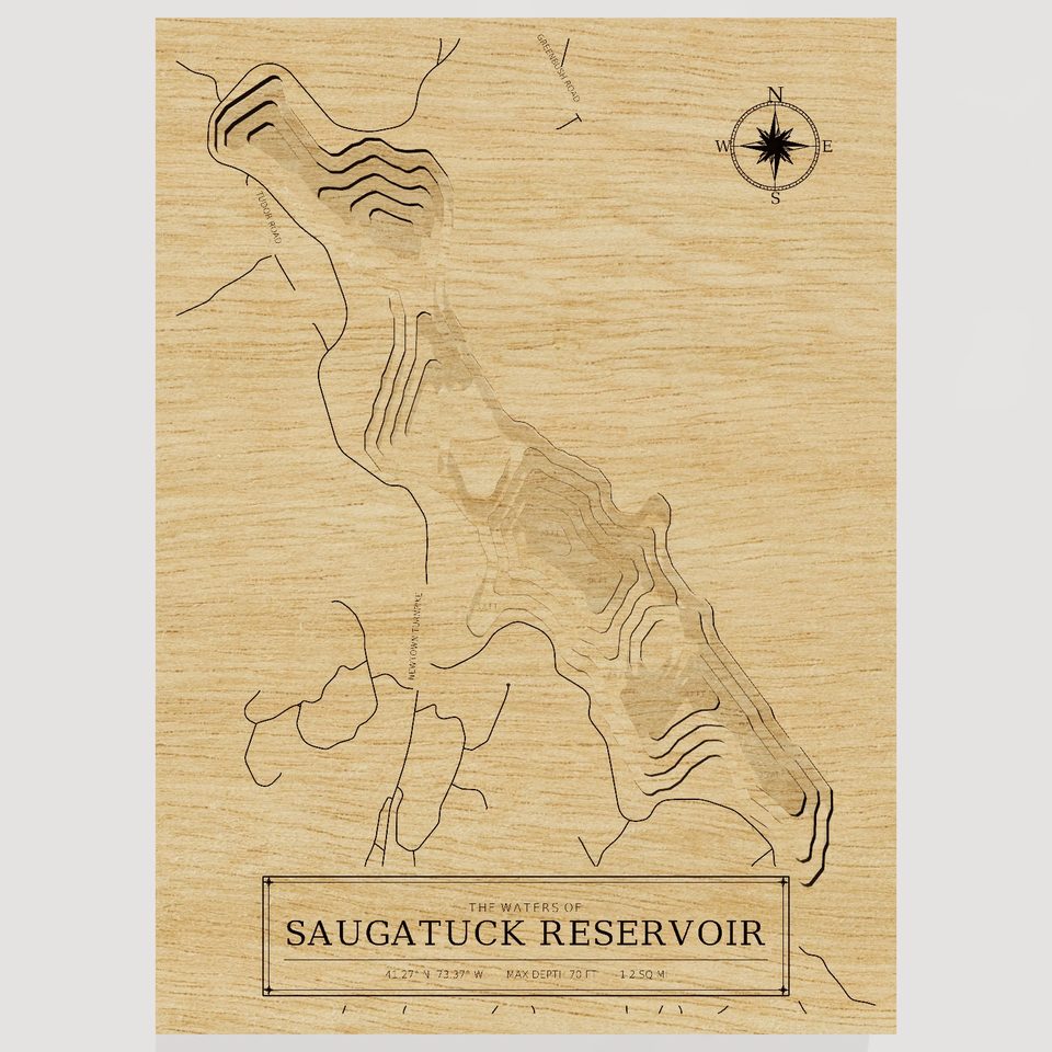 Saugatuck Reservoir 3D wood map, front view