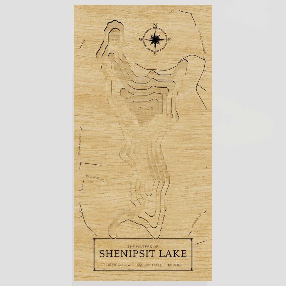 Shenipsit Lake 3D wood map, front view
