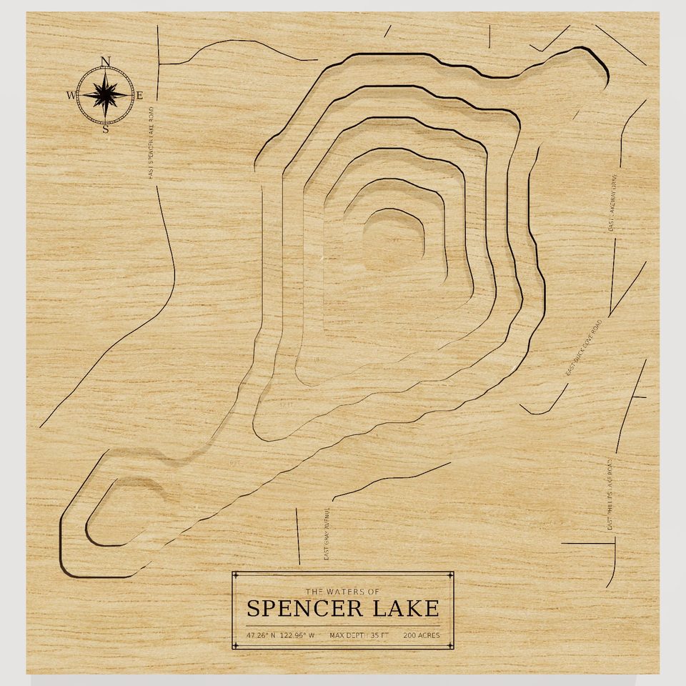 Spencer Lake 3D wood map, front view