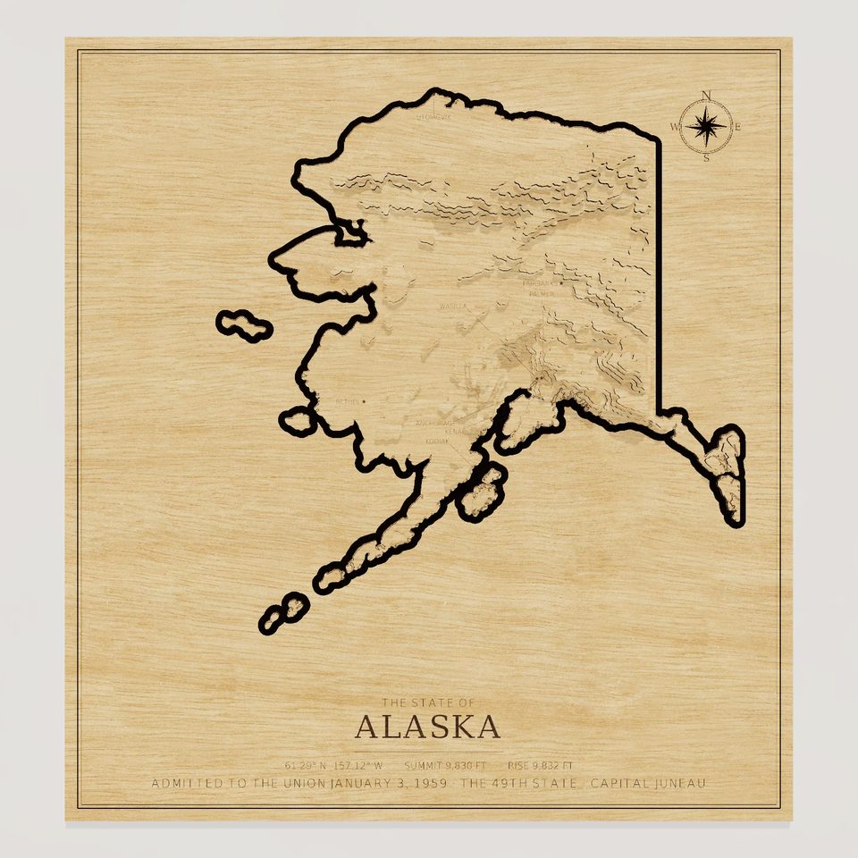Alaska carved relief map, front view