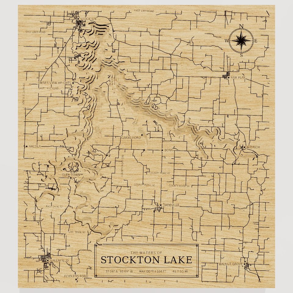 Stockton Lake 3D wood map, front view