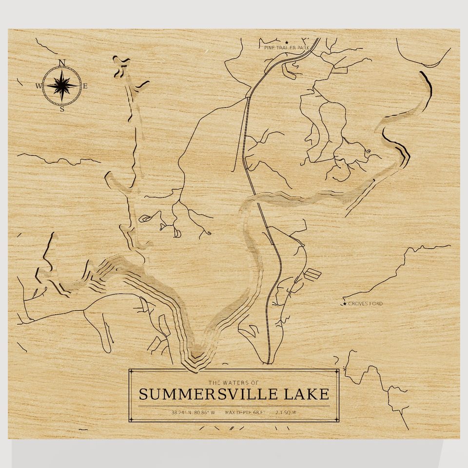 Summersville Lake 3D wood map, front view