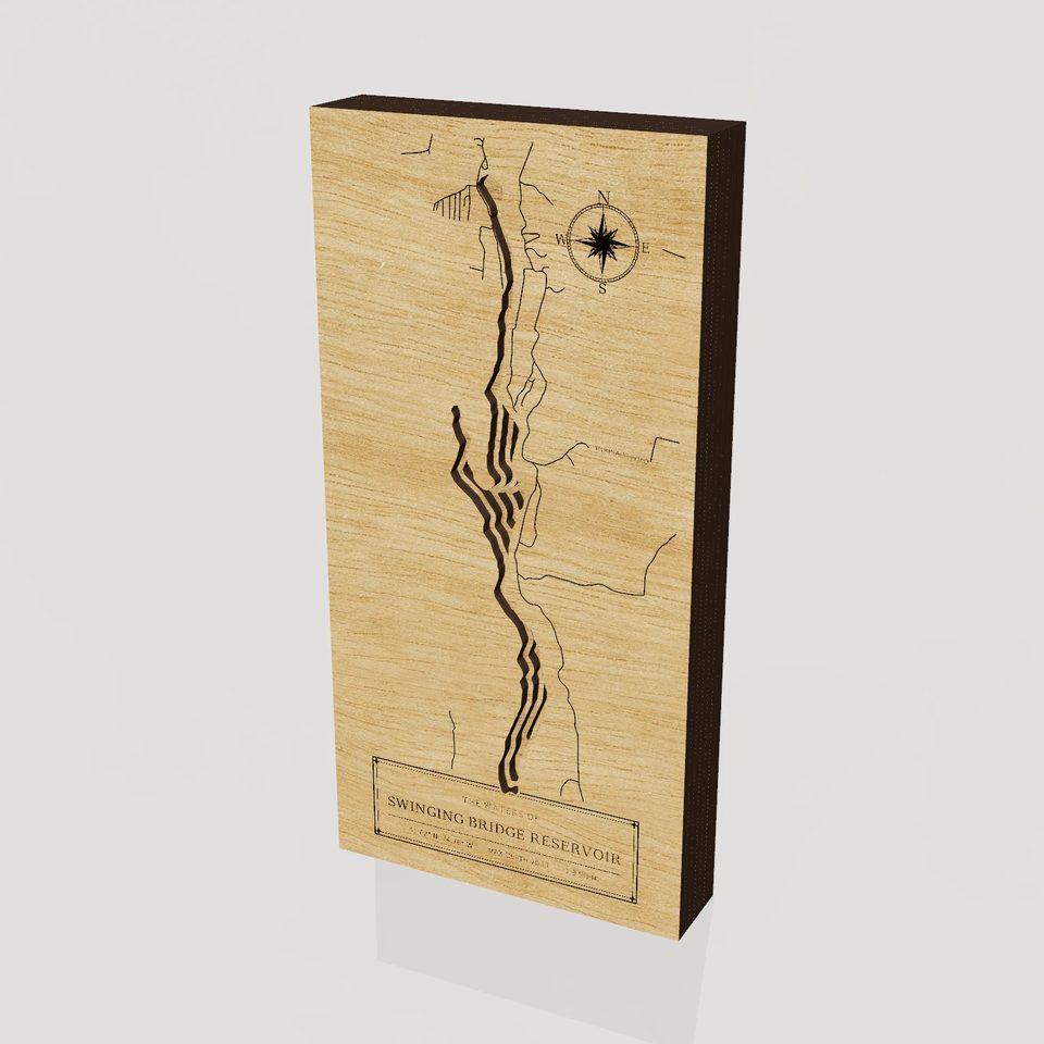 Swinging Bridge Reservoir 3D wood map, hero view