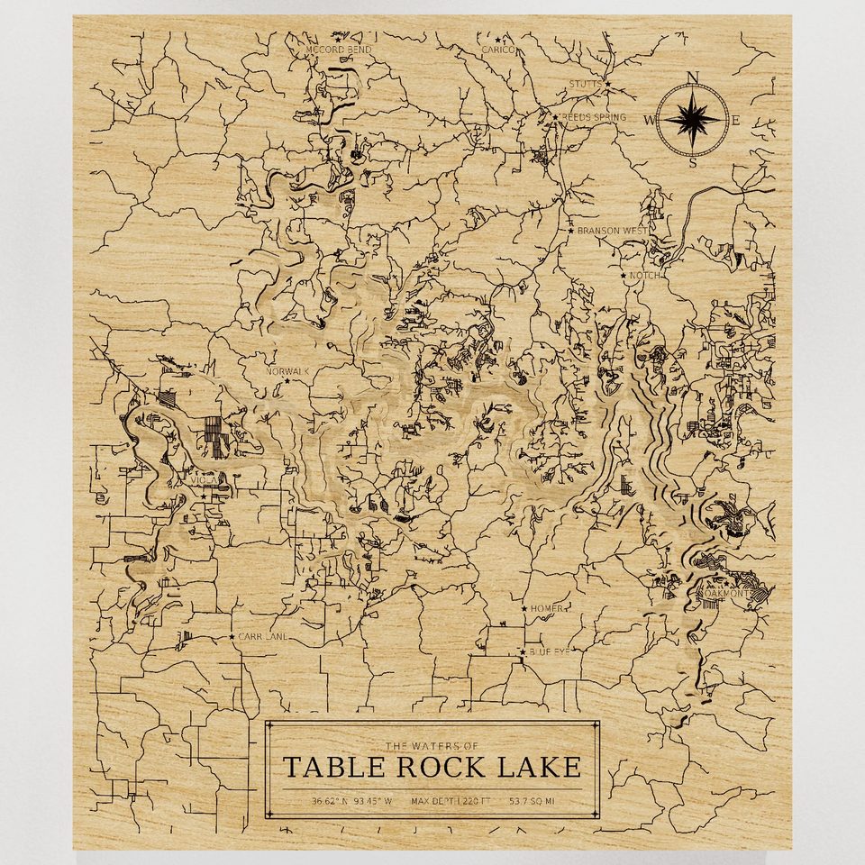 Table Rock Lake 3D wood map, front view