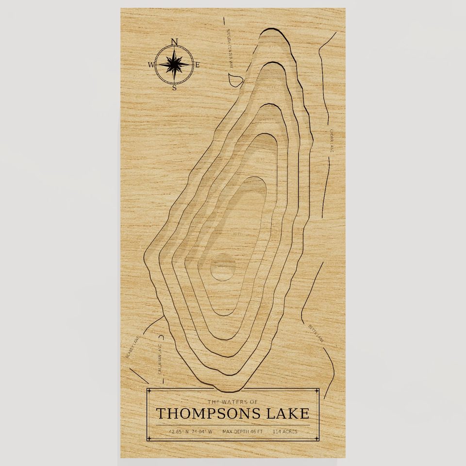 Thompsons Lake 3D wood map, front view