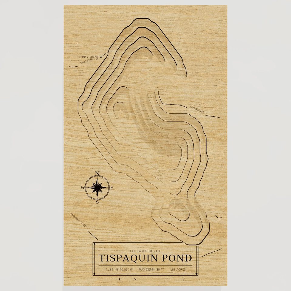 Tispaquin Pond 3D wood map, front view