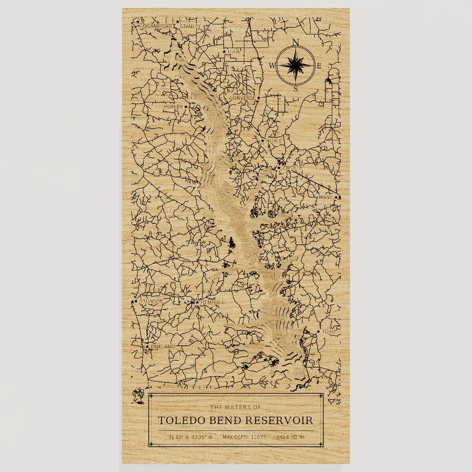 Toledo Bend Reservoir 3D wood map, front view