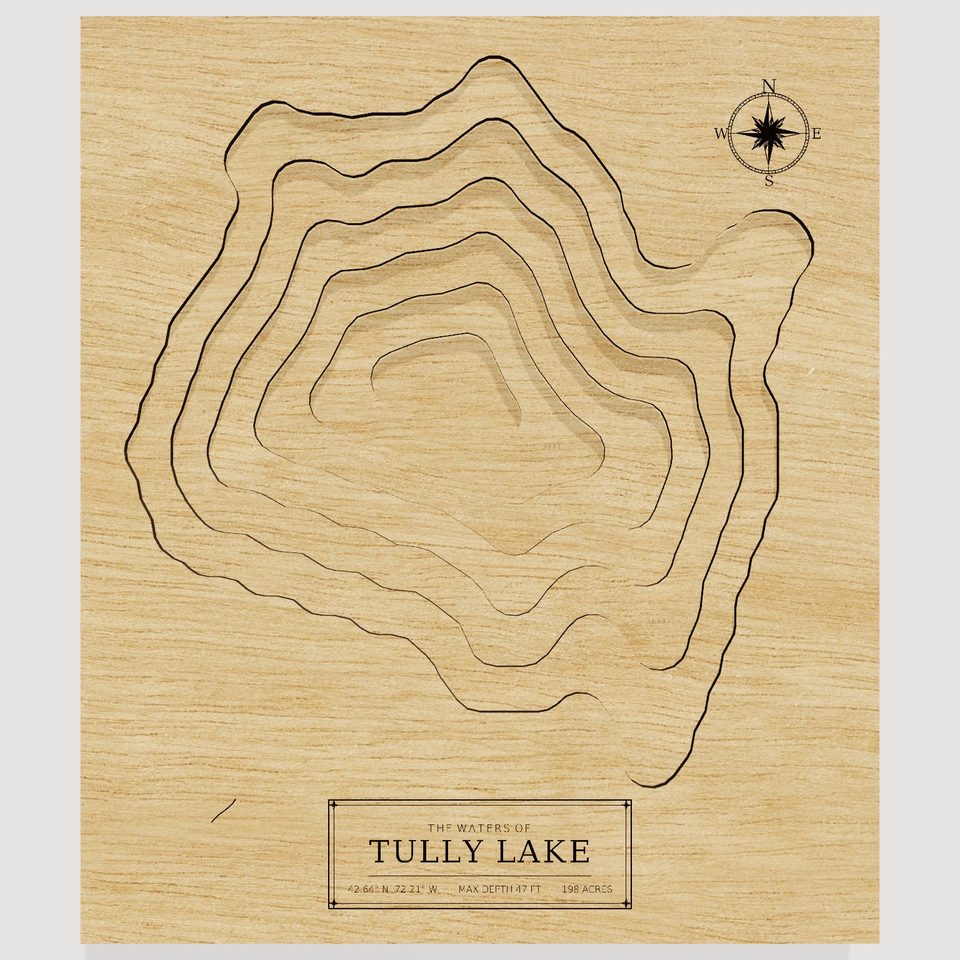 Tully Lake 3D wood map, front view