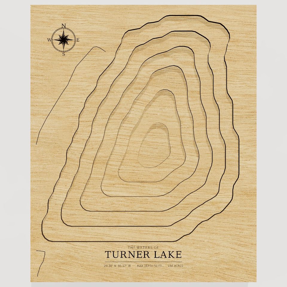 Turner Lake 3D wood map, front view