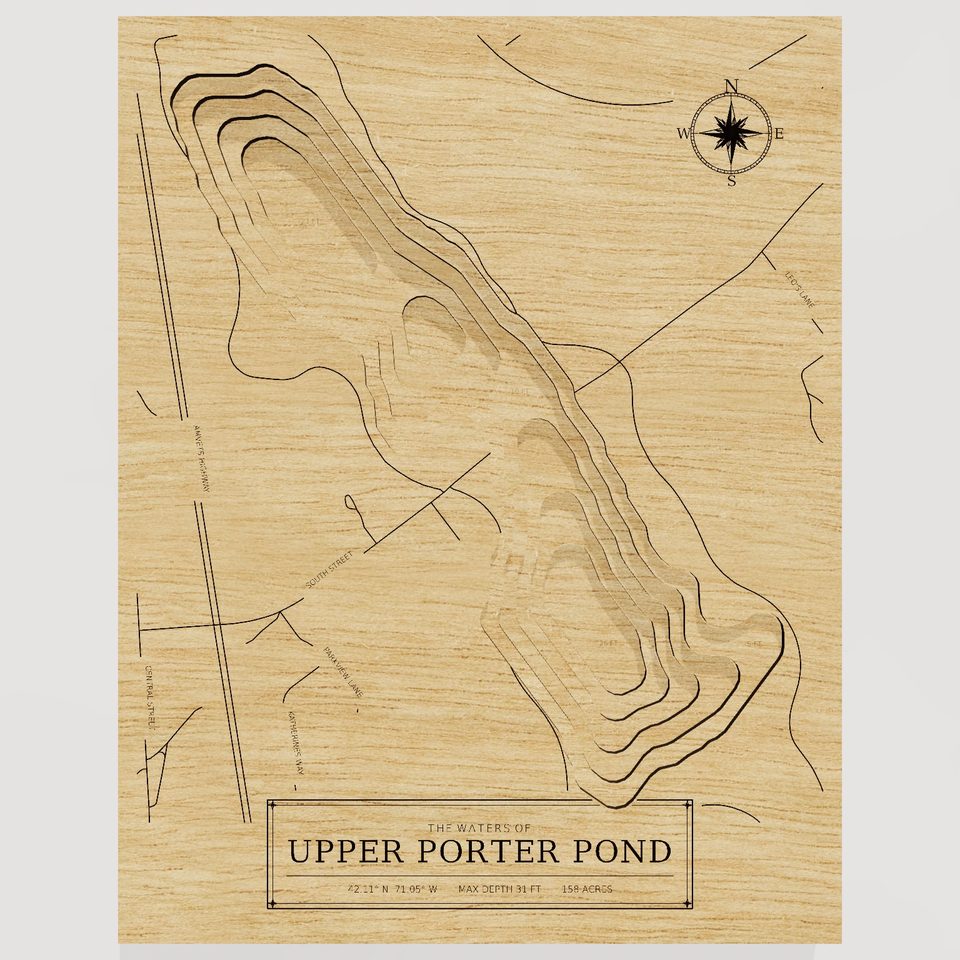 Upper Porter Pond 3D wood map, front view