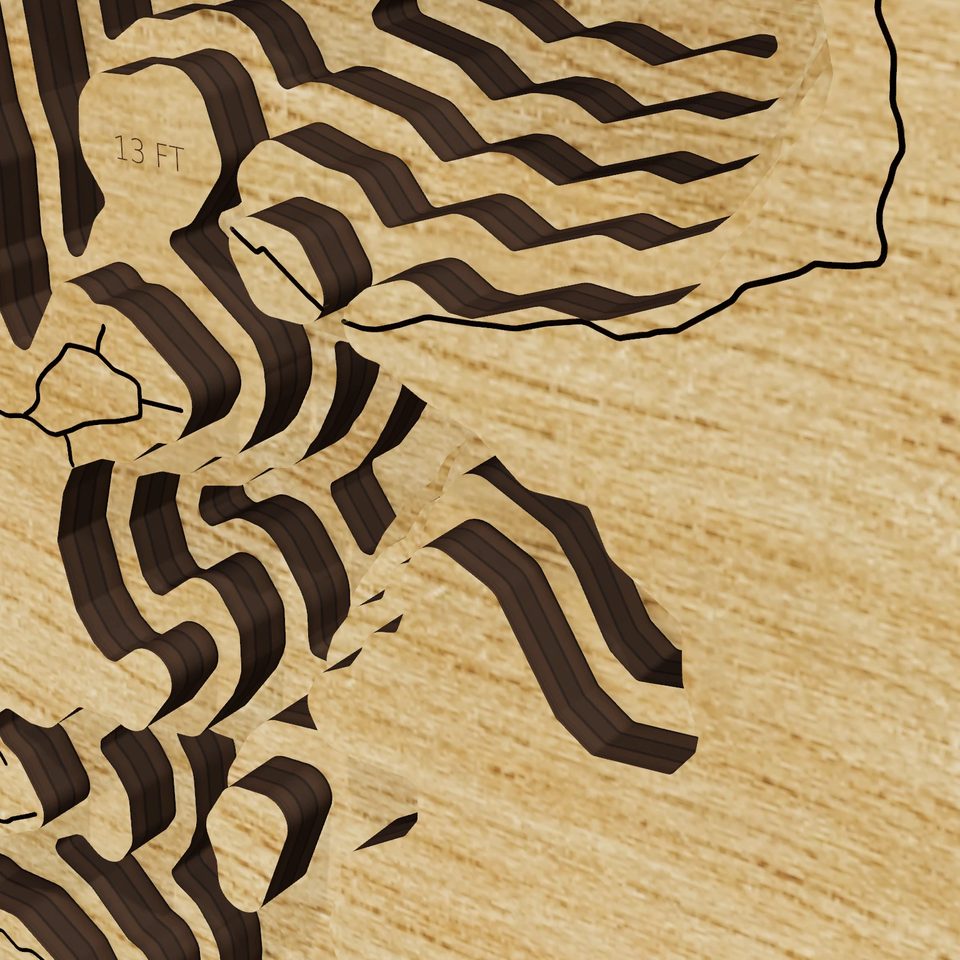Upper Saranac Lake 3D wood map, detail view