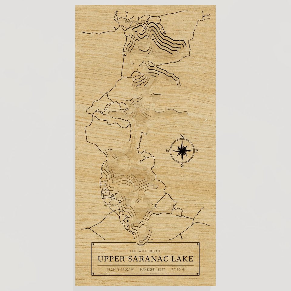 Upper Saranac Lake 3D wood map, front view