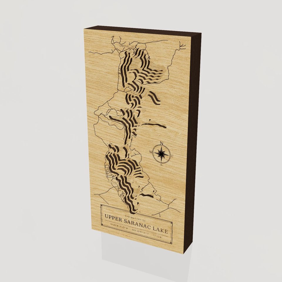 Upper Saranac Lake 3D wood map, hero view