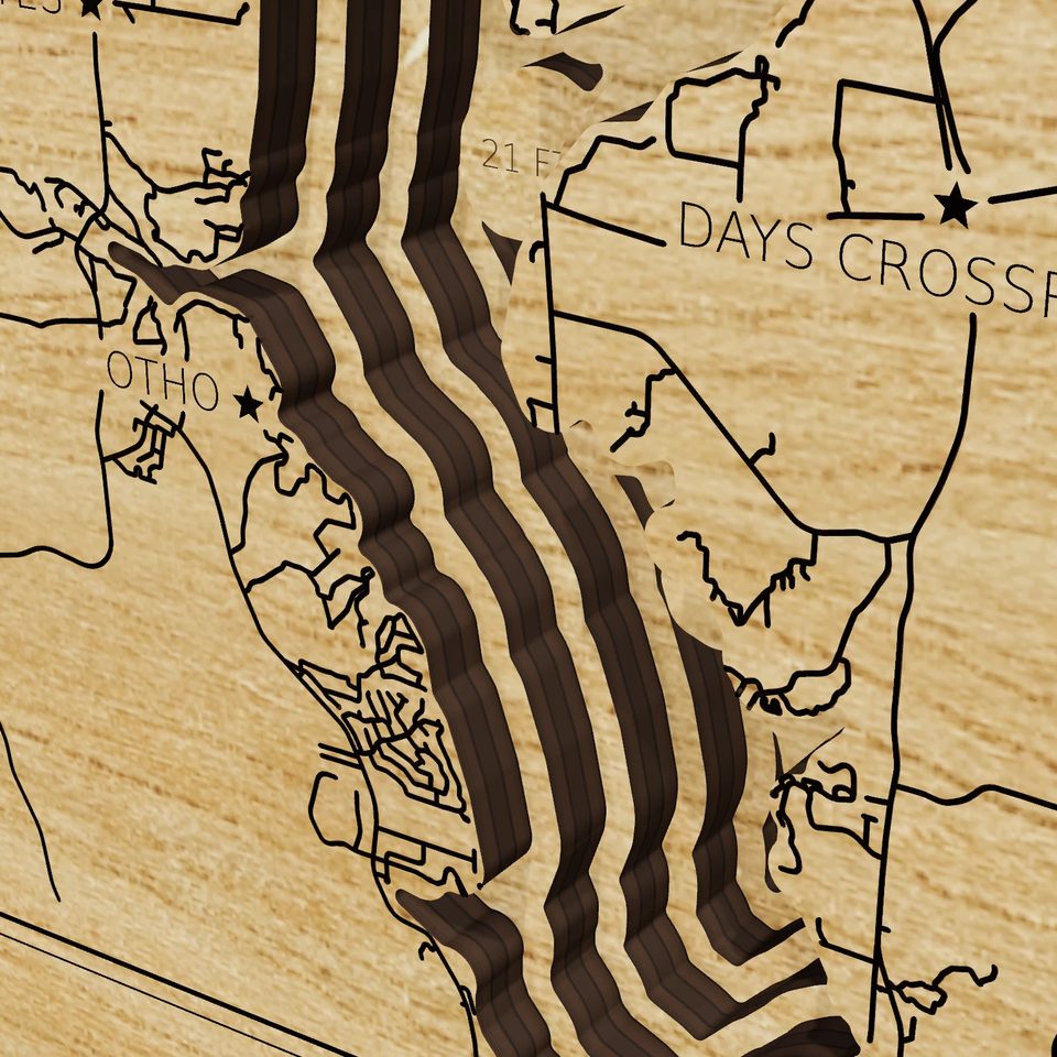 Walter F. George Reservoir 3D wood map, detail view