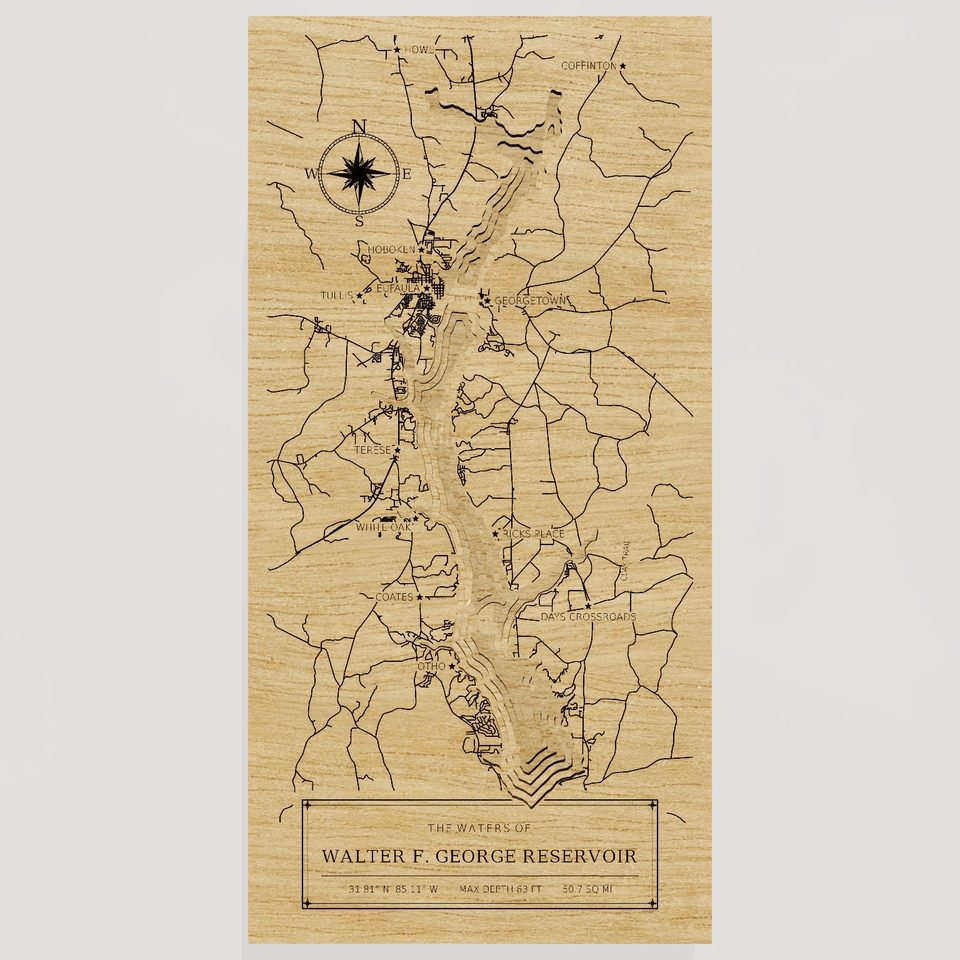 Walter F. George Reservoir 3D wood map, front view