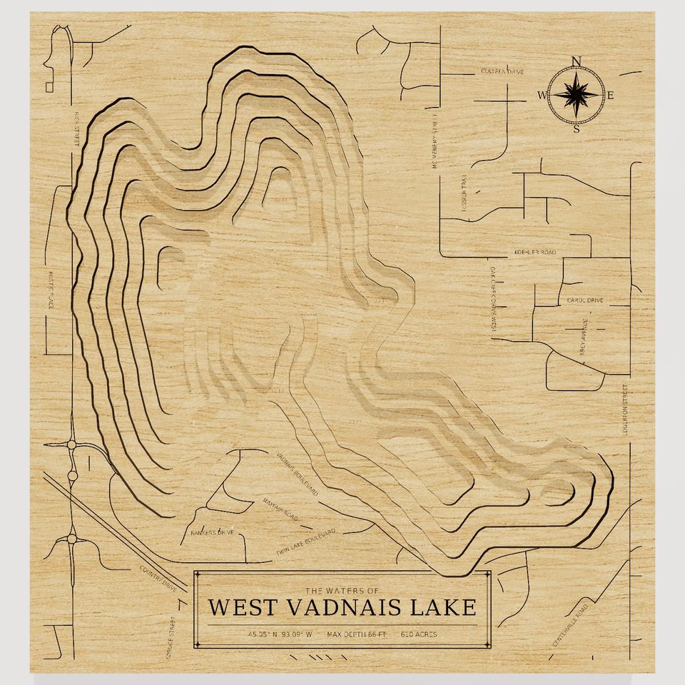 West Vadnais Lake 3D wood map, front view