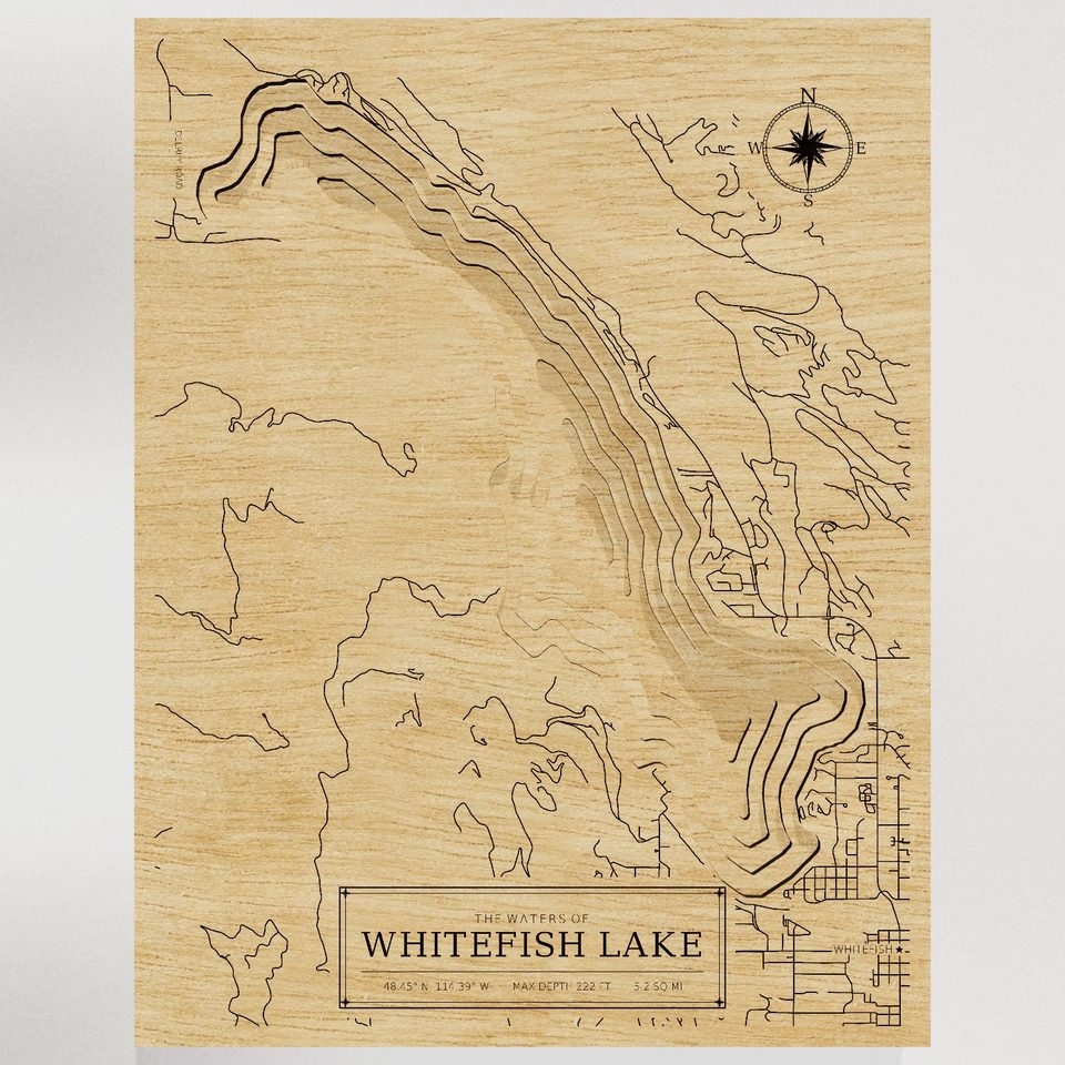 Whitefish Lake 3D wood map, front view
