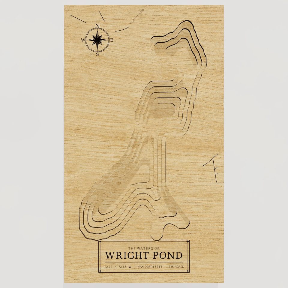 Wright Pond 3D wood map, front view